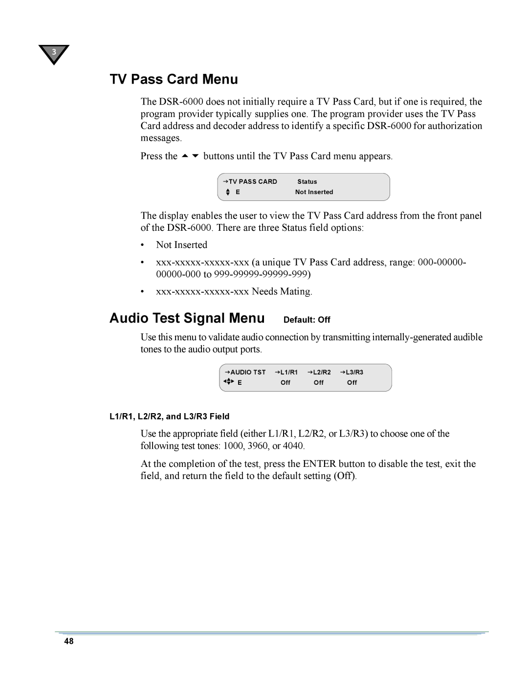 Motorola DSR-6000 manual TV Pass Card Menu, Audio Test Signal Menu Default Off 