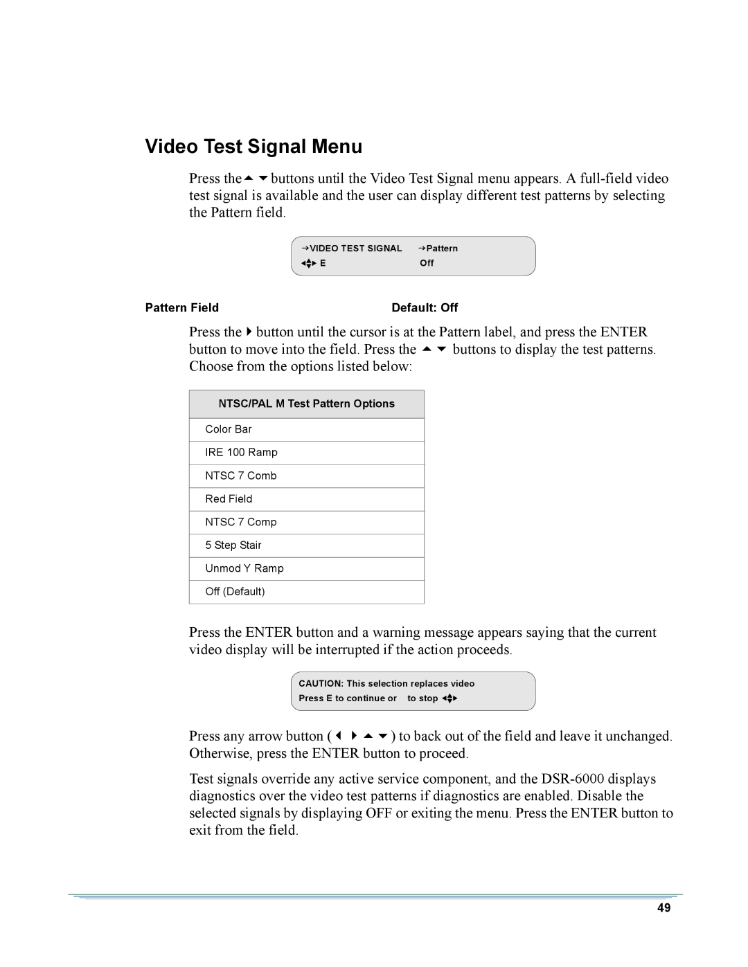 Motorola DSR-6000 manual Video Test Signal Menu, NTSC/PAL M Test Pattern Options 