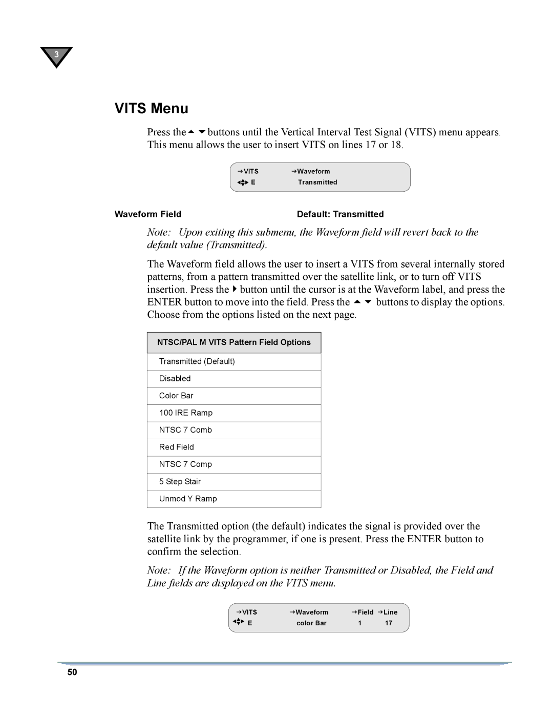 Motorola DSR-6000 manual Vits Menu, NTSC/PAL M Vits Pattern Field Options 