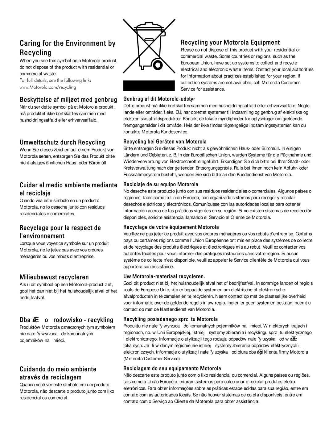 Motorola DSR-6400 manual Recycling 