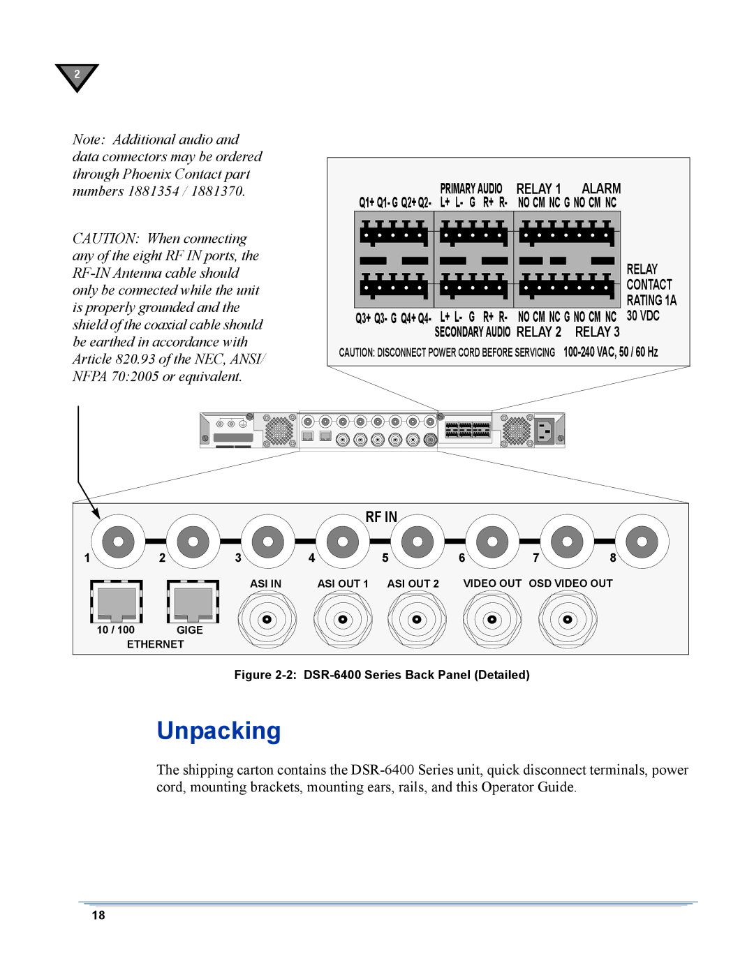 Motorola DSR-6400 manual Unpacking, Relay 