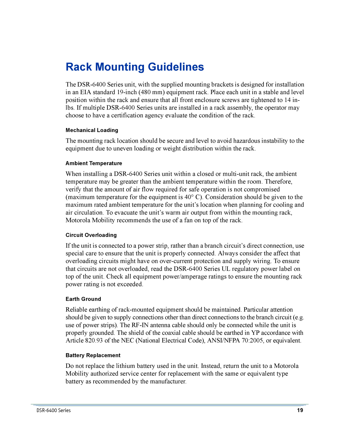 Motorola DSR-6400 manual Rack Mounting Guidelines 