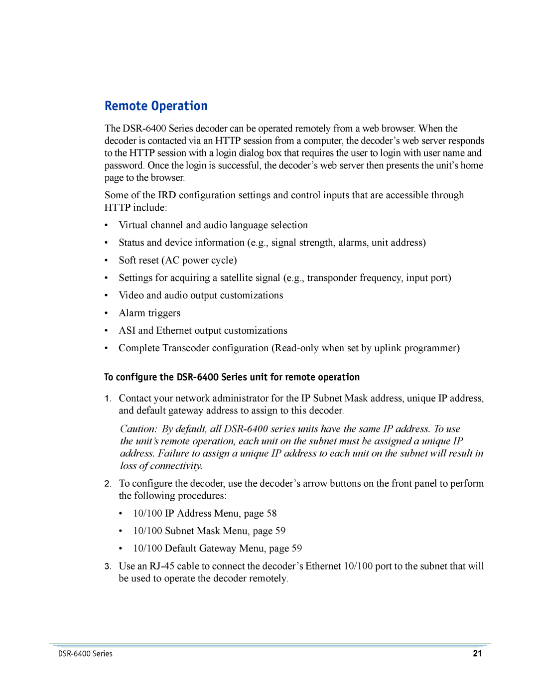 Motorola manual Remote Operation, To configure the DSR-6400 Series unit for remote operation 