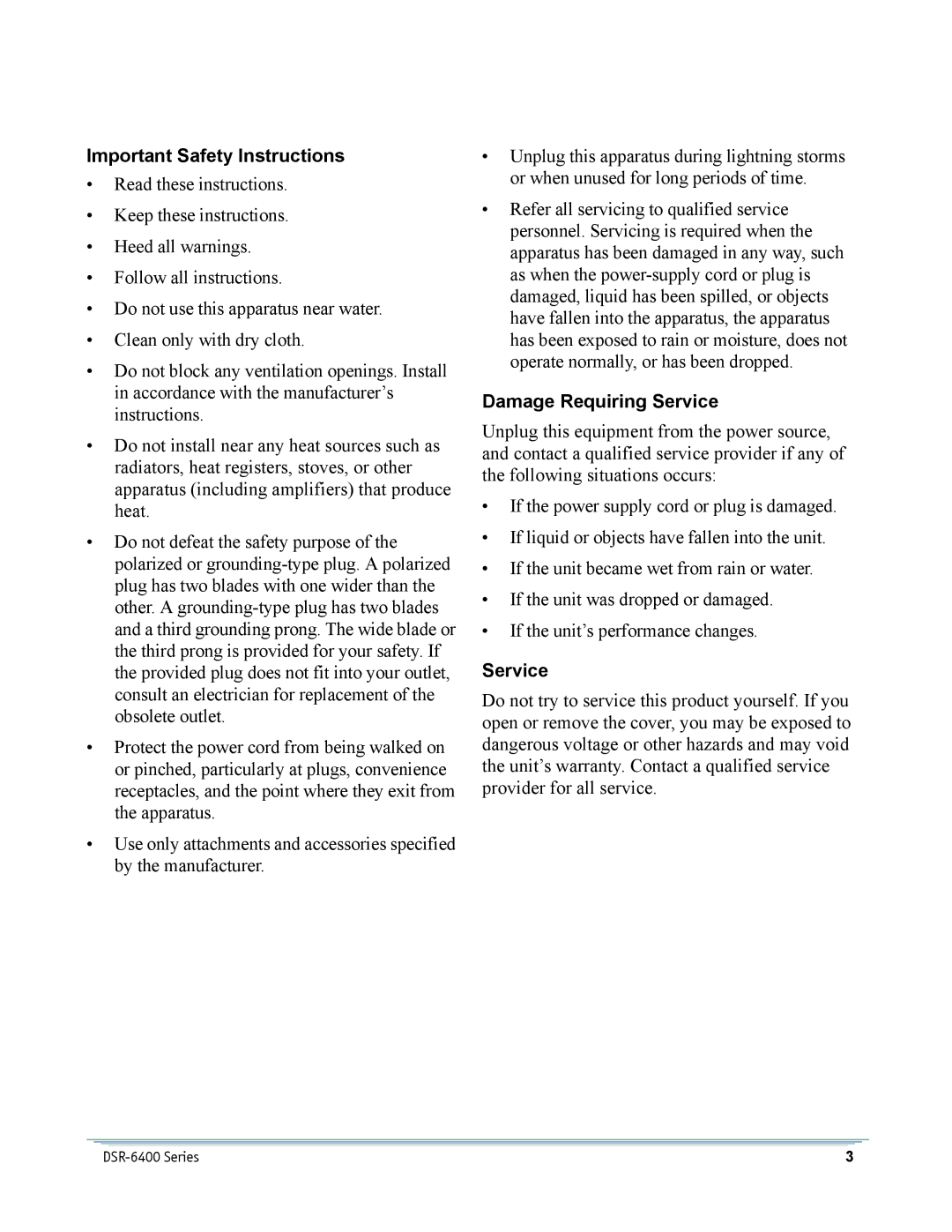 Motorola DSR-6400 manual Important Safety Instructions 