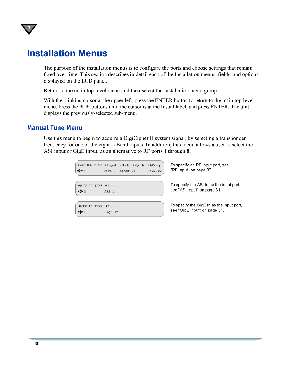 Motorola DSR-6400 manual Installation Menus, Manual Tune Menu 