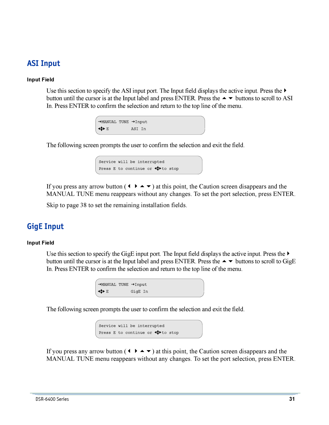 Motorola DSR-6400 manual ASI Input, GigE Input 