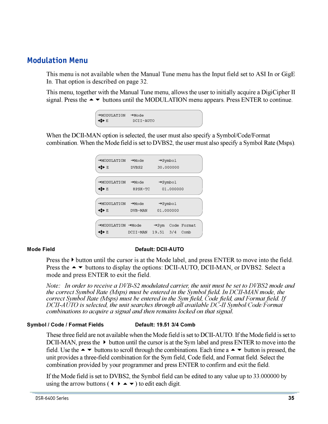 Motorola DSR-6400 manual Modulation Menu 