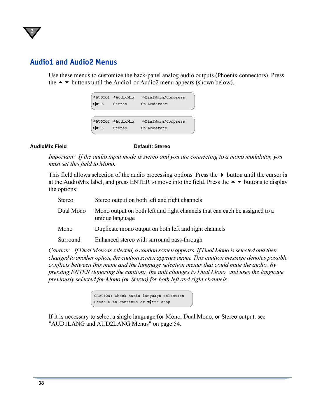 Motorola DSR-6400 manual Audio1 and Audio2 Menus 