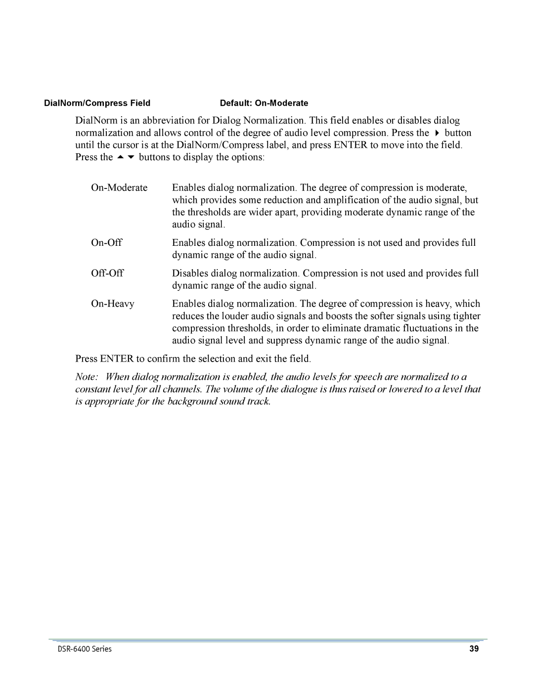 Motorola DSR-6400 manual DialNorm/Compress Field Default On-Moderate 