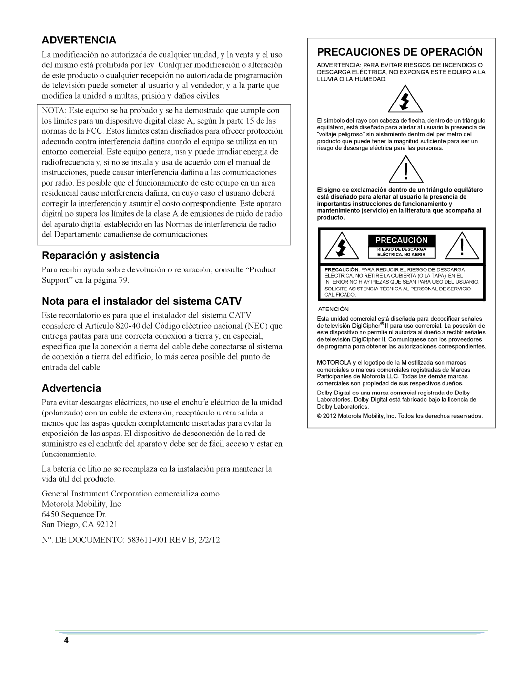 Motorola DSR-6400 manual Advertencia 