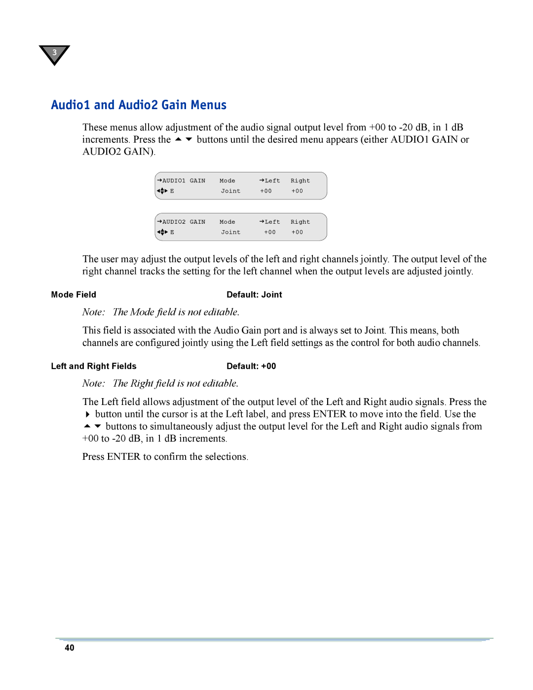 Motorola DSR-6400 manual Audio1 and Audio2 Gain Menus 