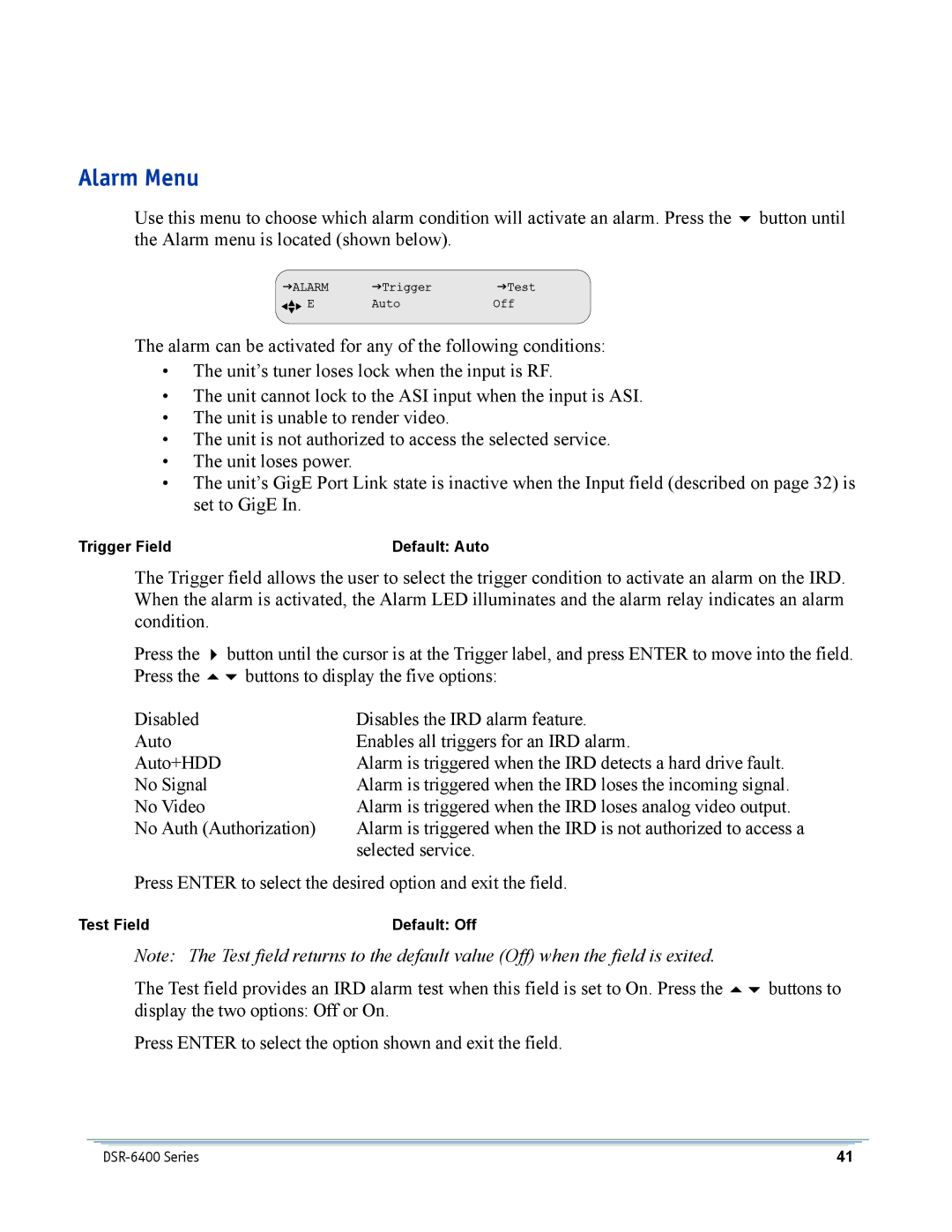 Motorola DSR-6400 manual Alarm Menu 