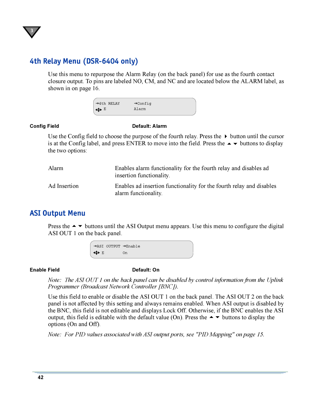 Motorola DSR-6400 manual 4th Relay Menu DSR-6404 only, ASI Output Menu 