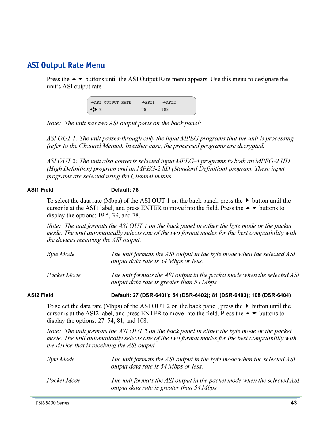 Motorola DSR-6400 manual ASI Output Rate Menu, Output data rate is greater than 54 Mbps 