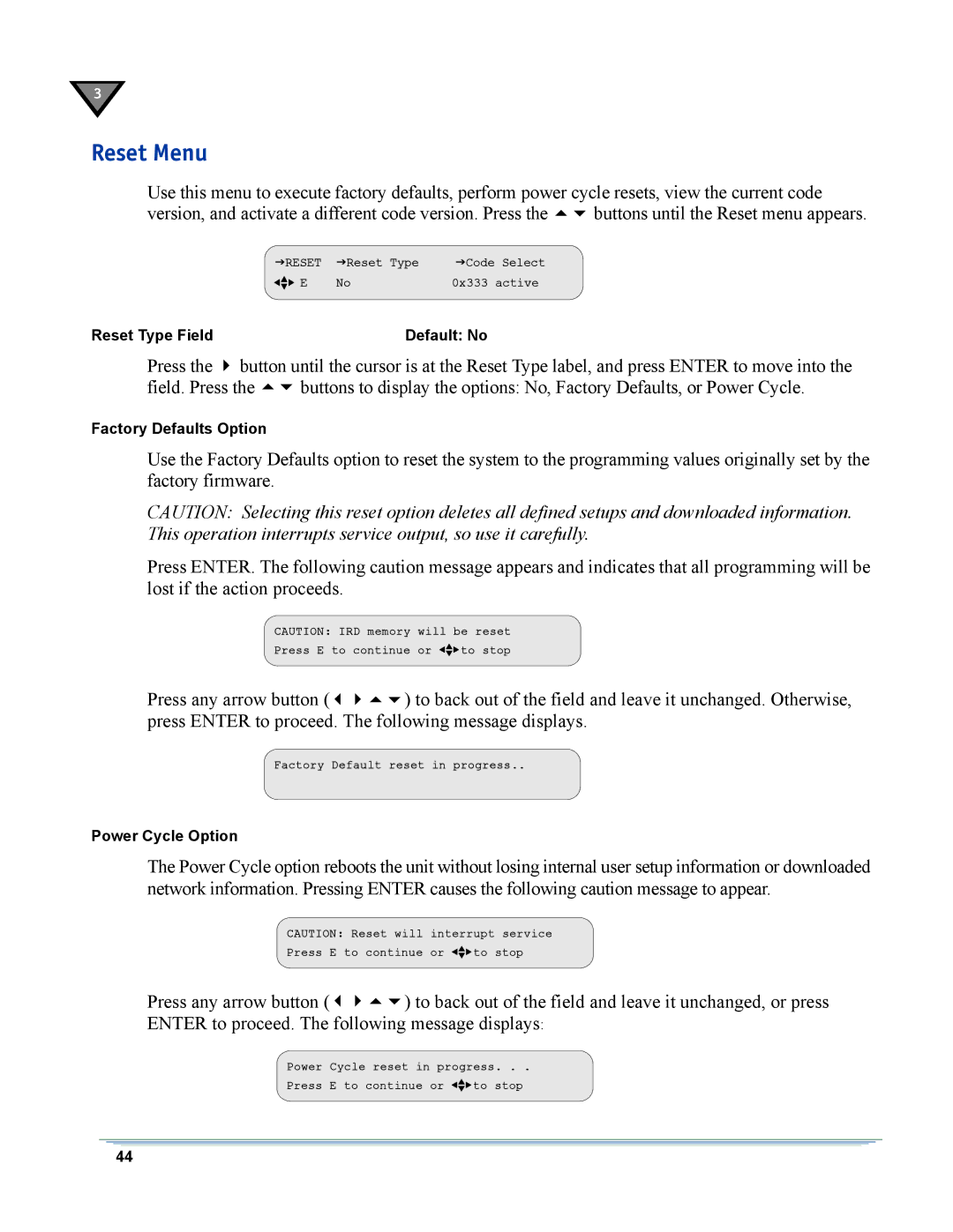 Motorola DSR-6400 manual Reset Menu 