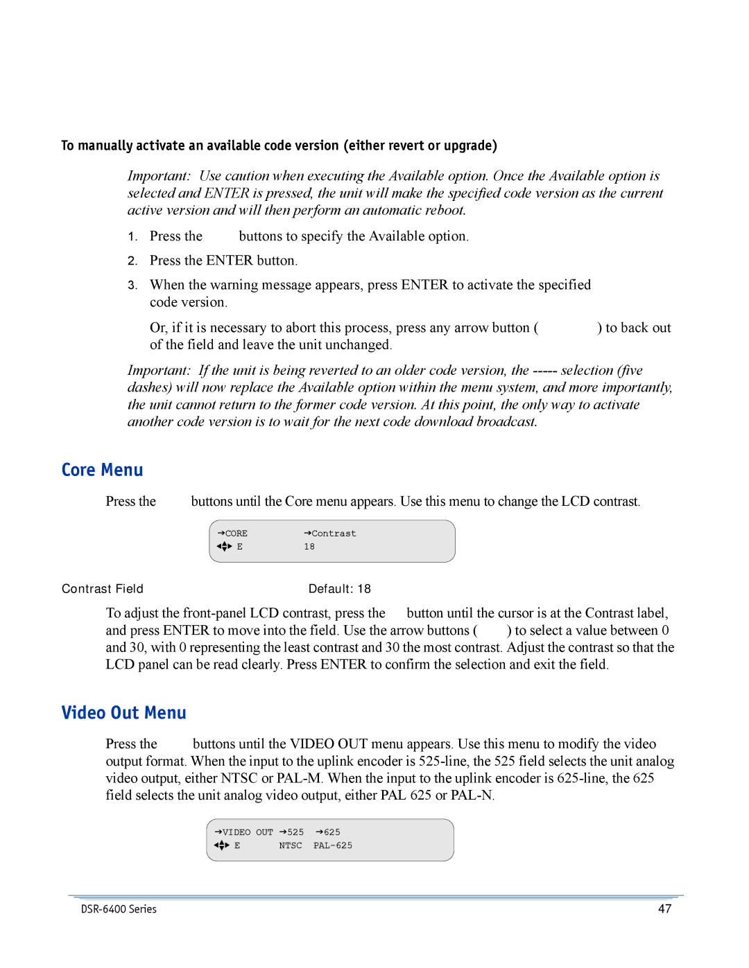 Motorola DSR-6400 manual Core Menu, Video Out Menu 