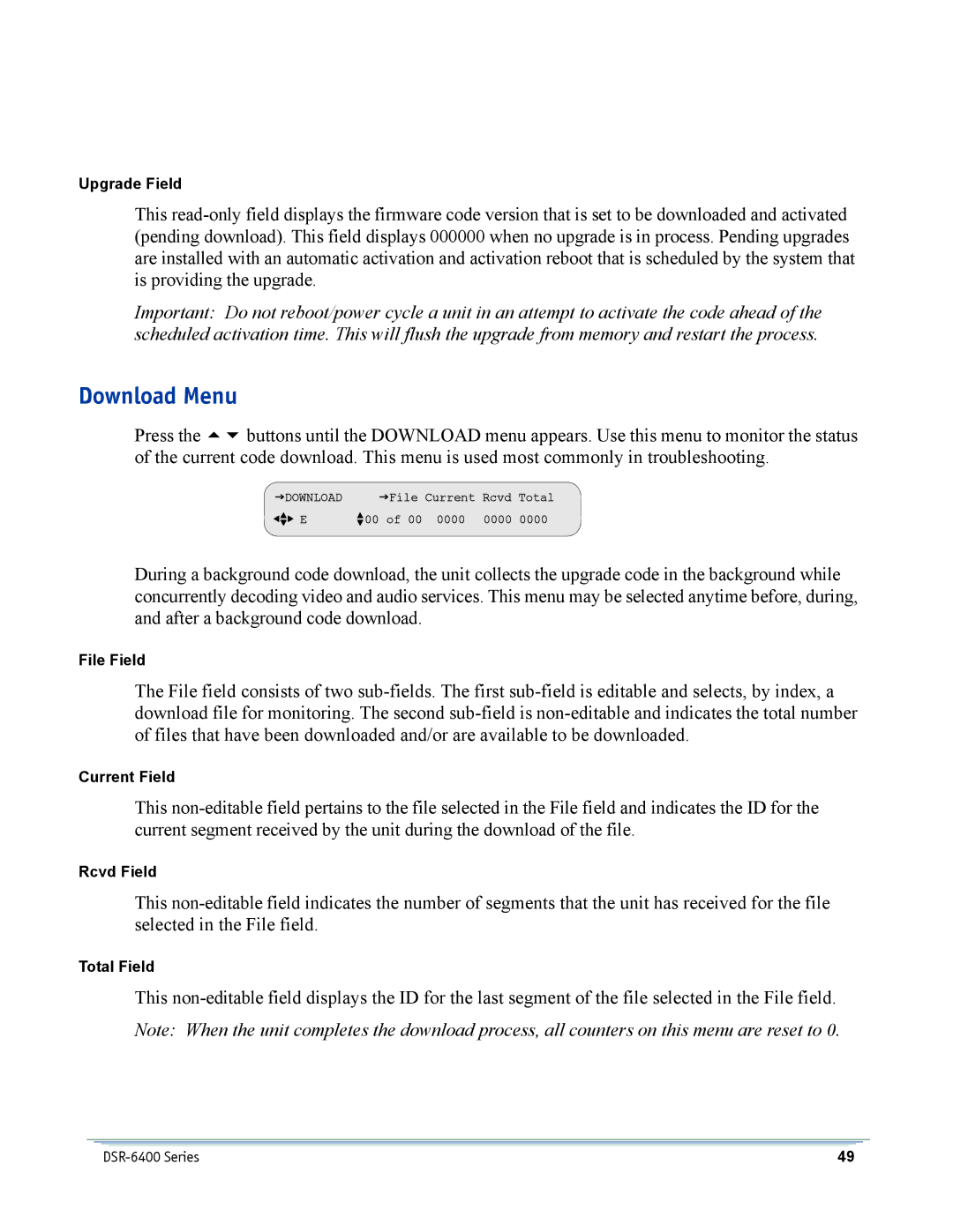 Motorola DSR-6400 manual Download Menu 