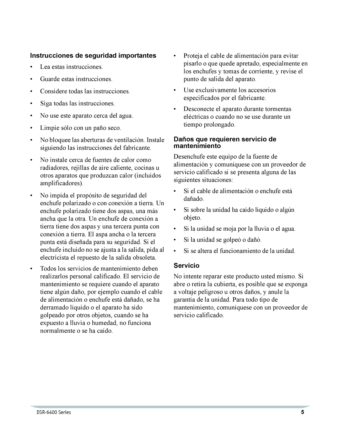 Motorola DSR-6400 manual Instrucciones de seguridad importantes 