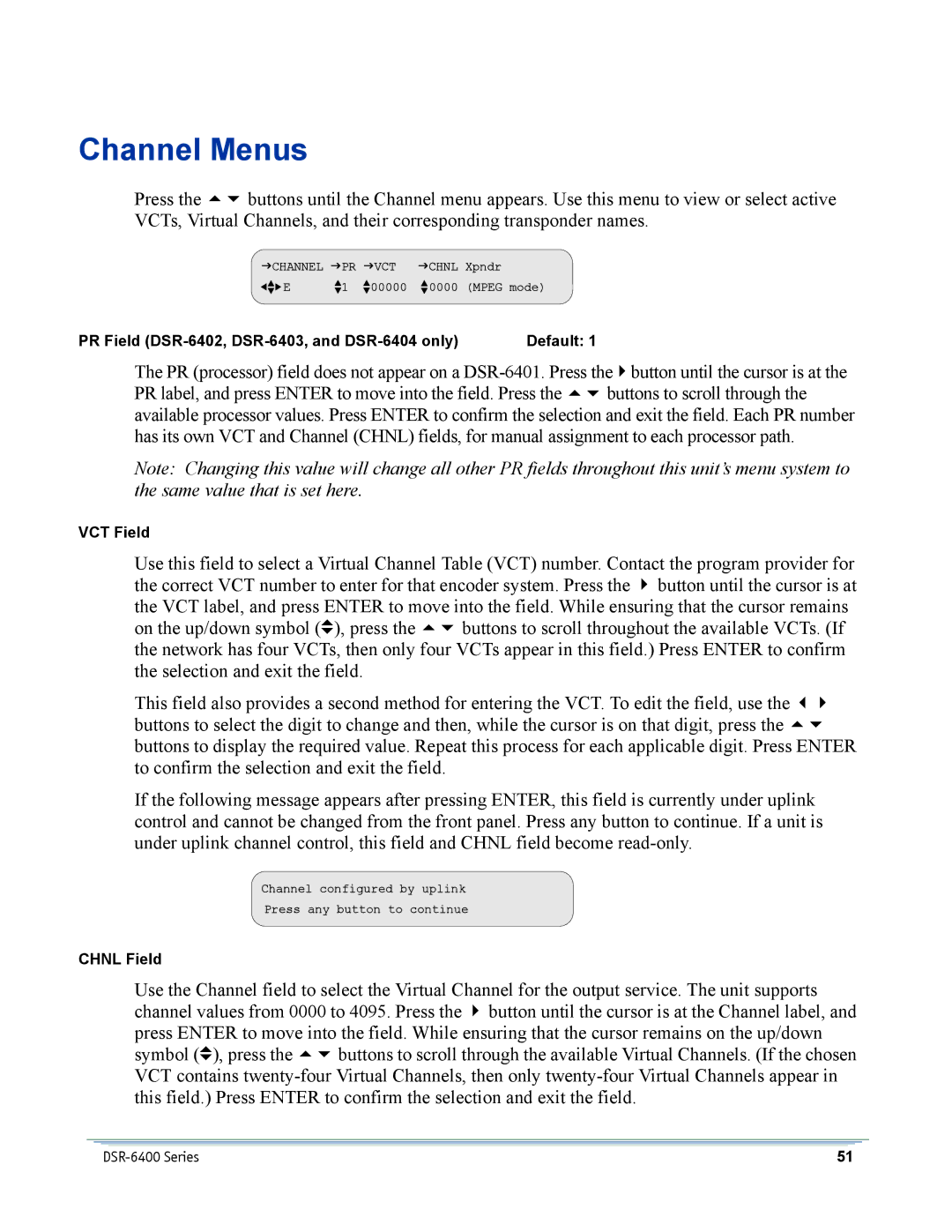 Motorola DSR-6400 manual Channel Menus 