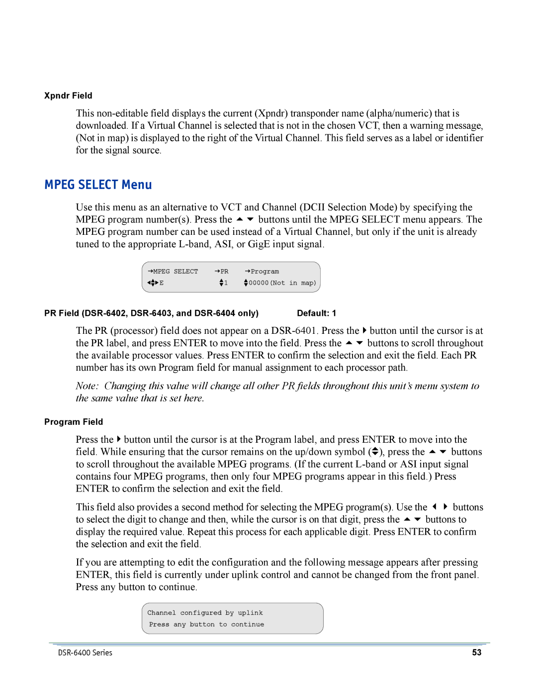 Motorola DSR-6400 manual Mpeg Select Menu 