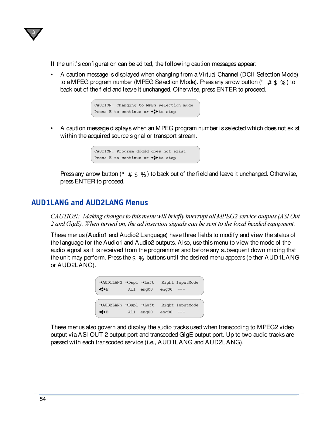 Motorola DSR-6400 manual AUD1LANG and AUD2LANG Menus 