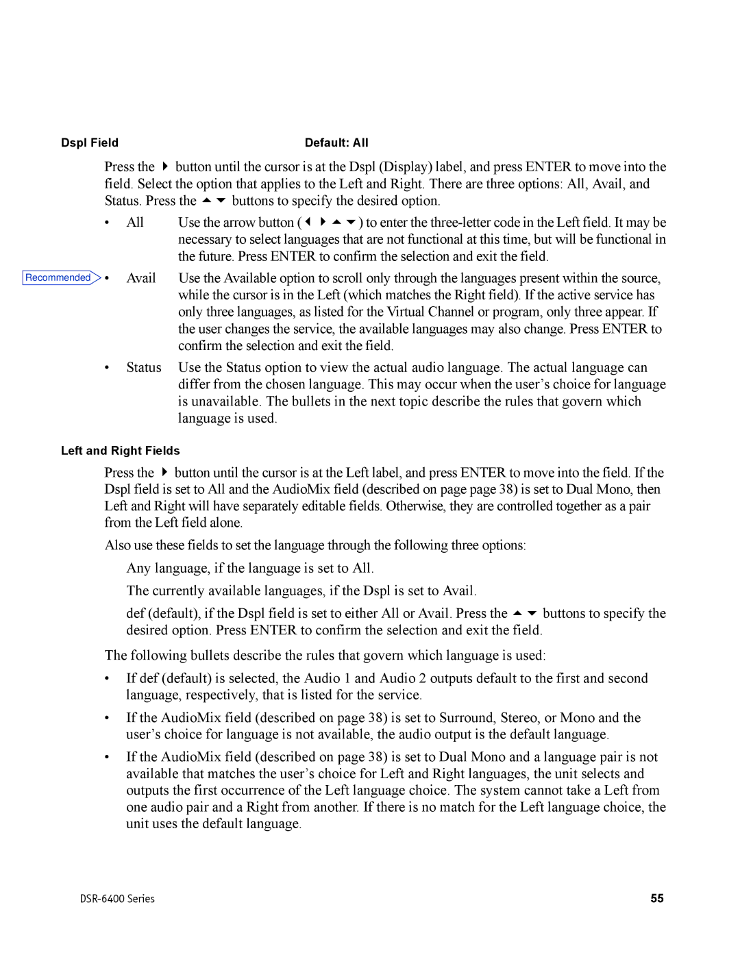 Motorola DSR-6400 manual Dspl Field Default All 