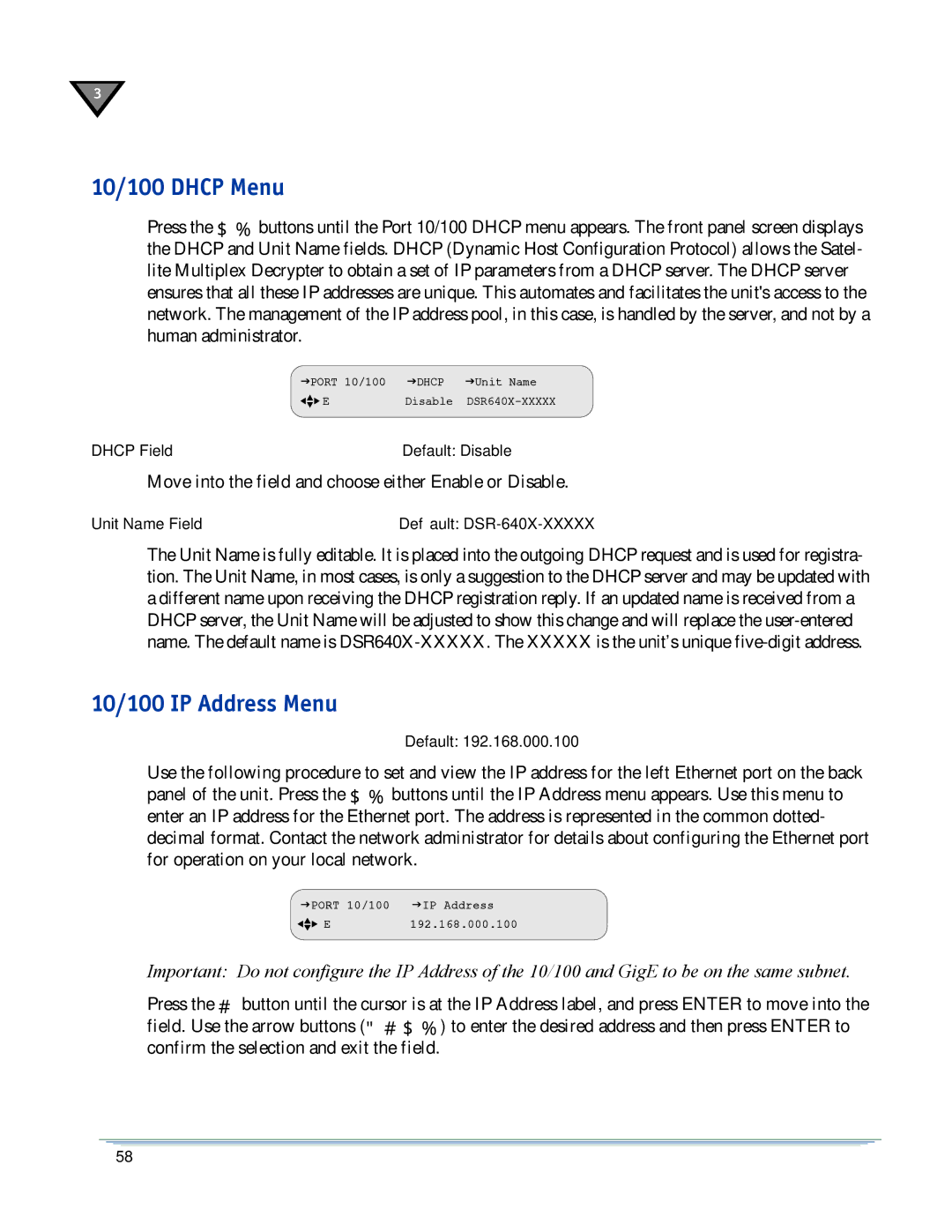 Motorola DSR-6400 manual 10/100 Dhcp Menu, 10/100 IP Address Menu 