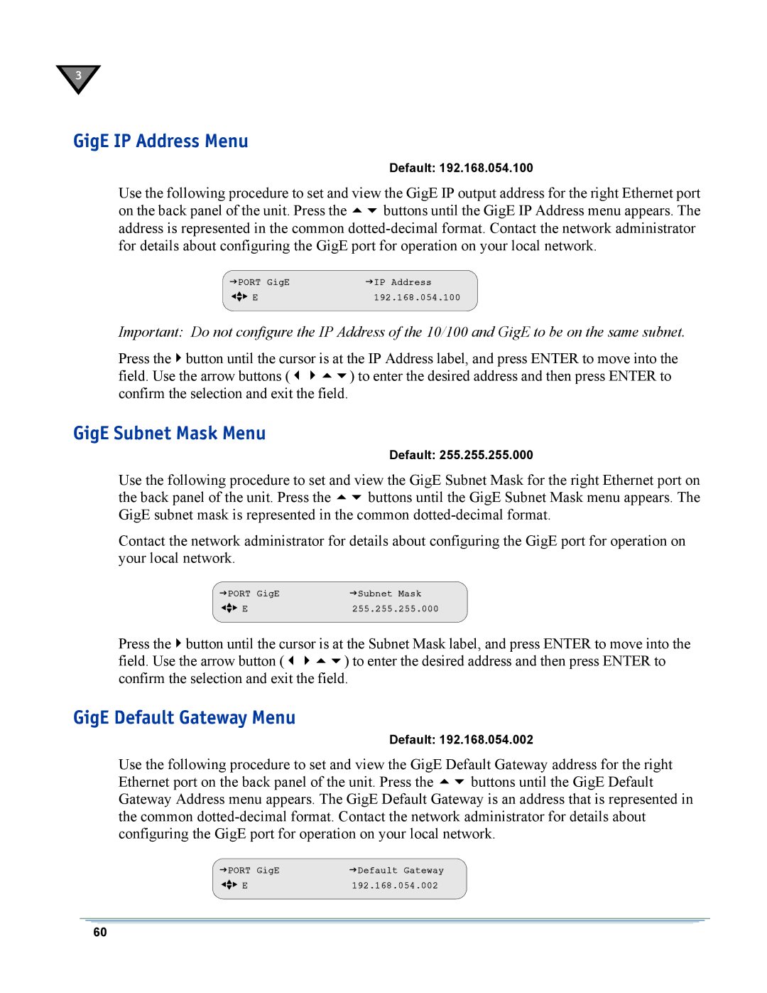 Motorola DSR-6400 manual GigE IP Address Menu, GigE Subnet Mask Menu, GigE Default Gateway Menu 