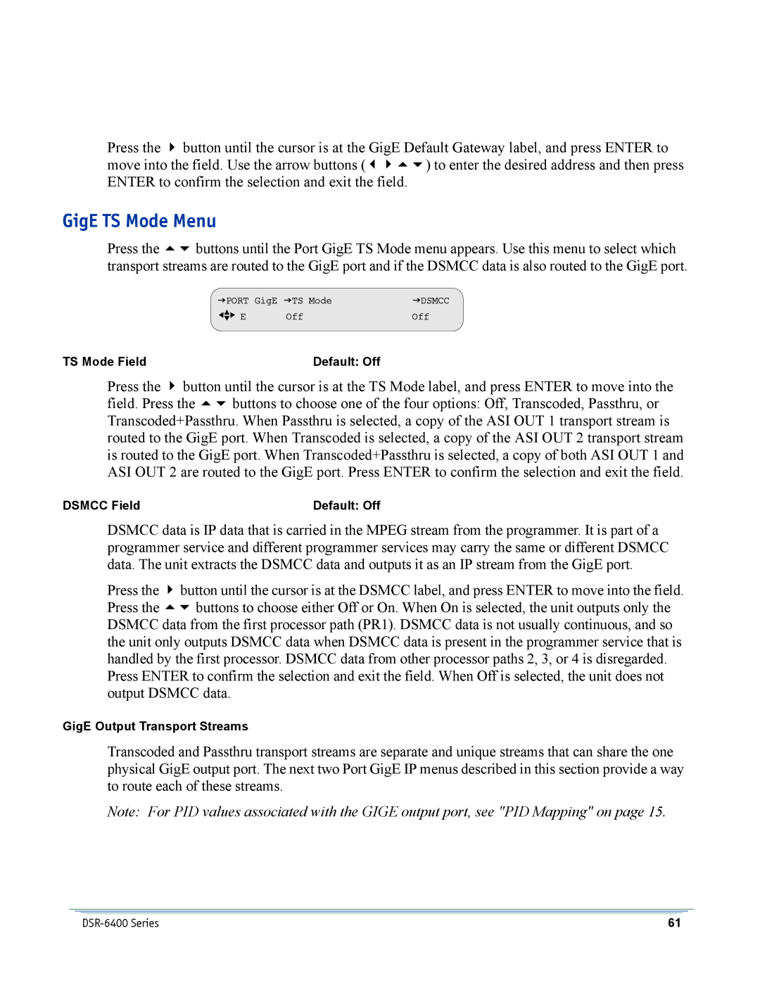 Motorola DSR-6400 manual GigE TS Mode Menu 