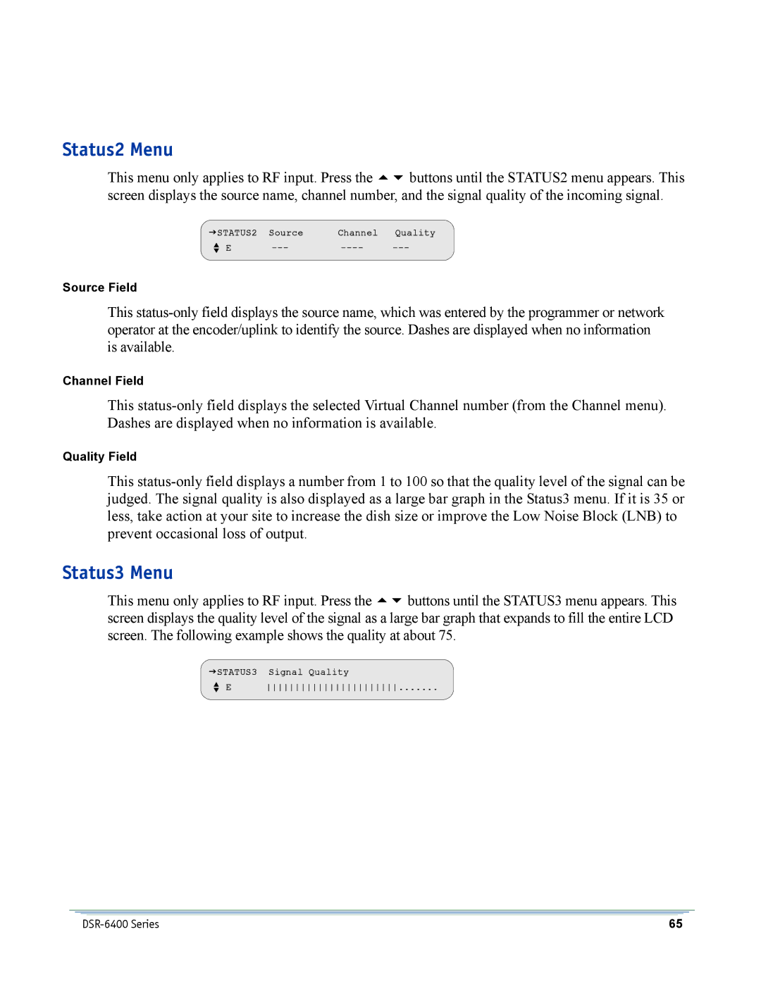 Motorola DSR-6400 manual Status2 Menu, Status3 Menu 