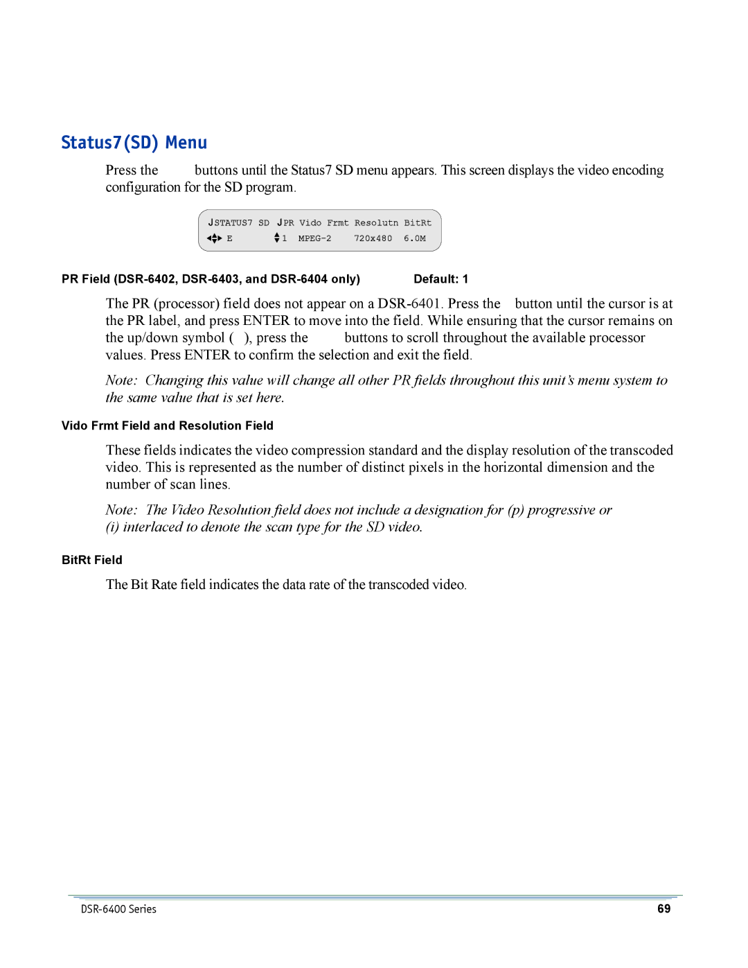 Motorola DSR-6400 manual Status7SD Menu 