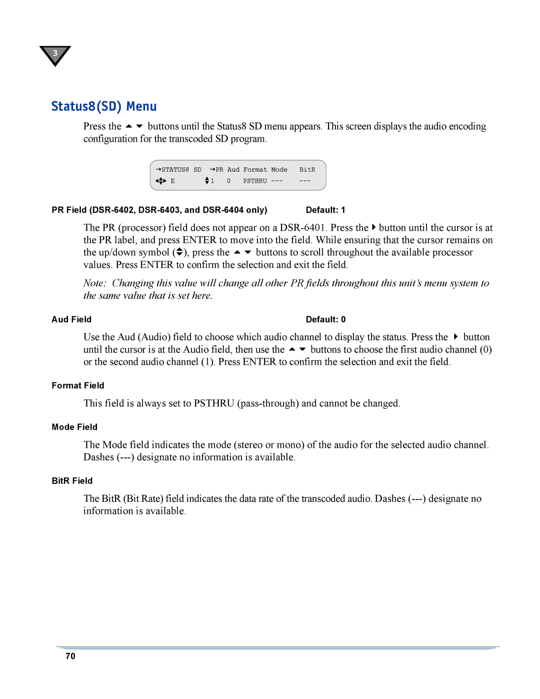 Motorola DSR-6400 manual Status8SD Menu 