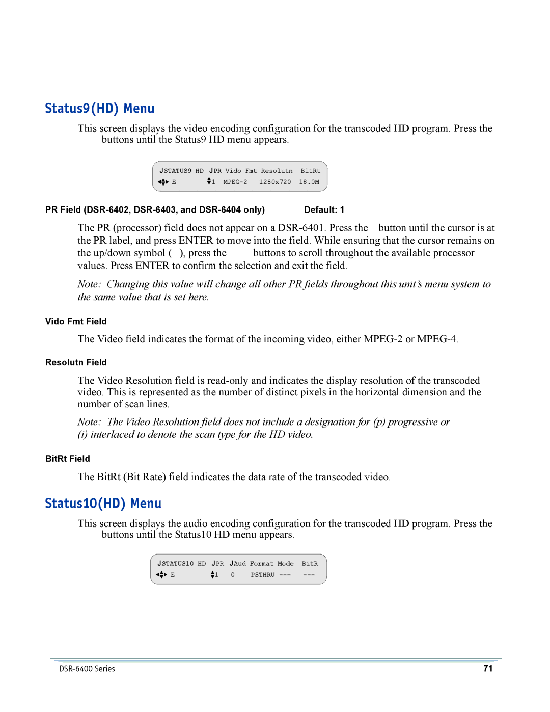 Motorola DSR-6400 manual Status9HD Menu, Status10HD Menu 