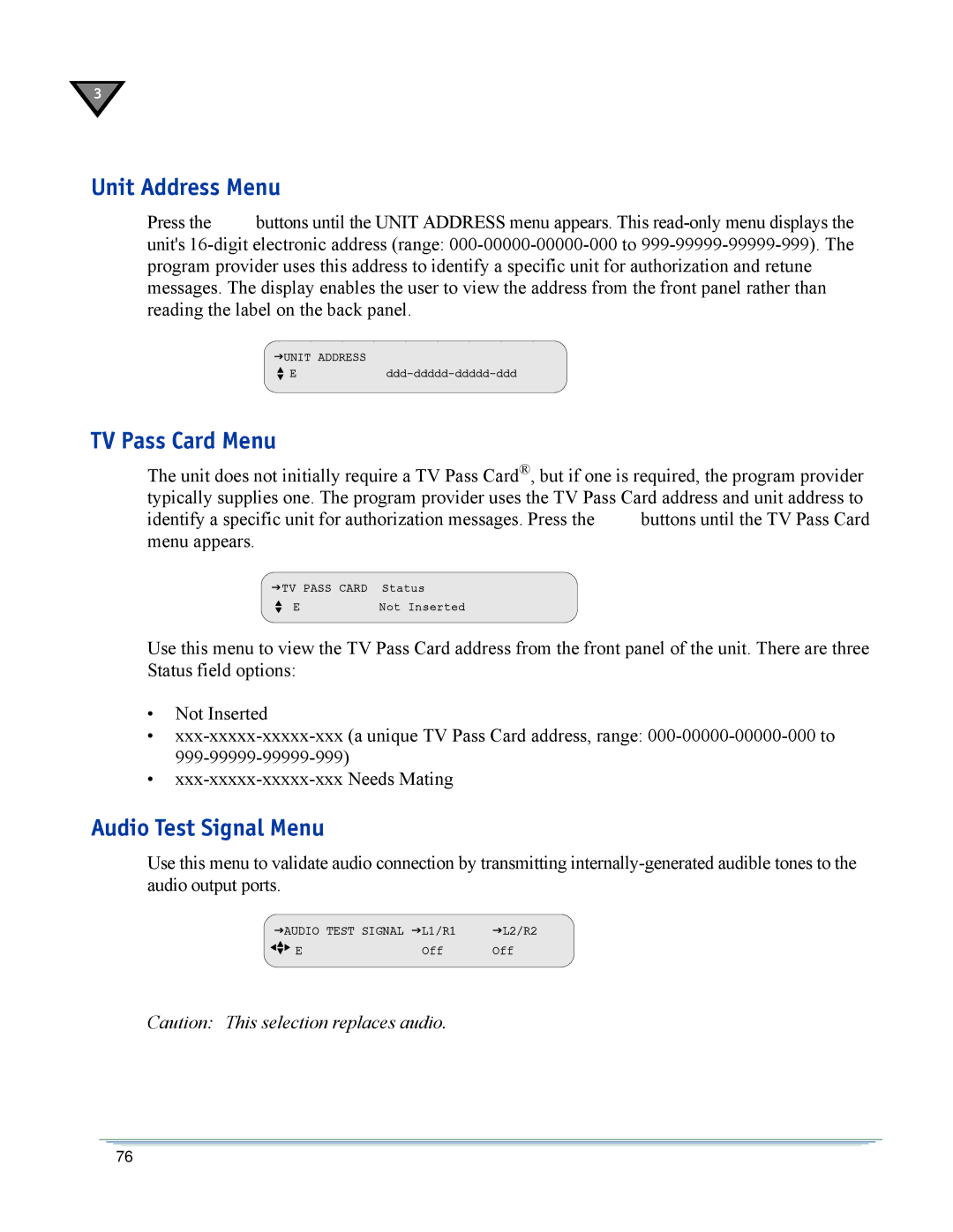 Motorola DSR-6400 manual Unit Address Menu, TV Pass Card Menu, Audio Test Signal Menu 