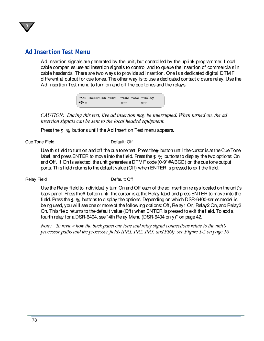 Motorola DSR-6400 manual Ad Insertion Test Menu 