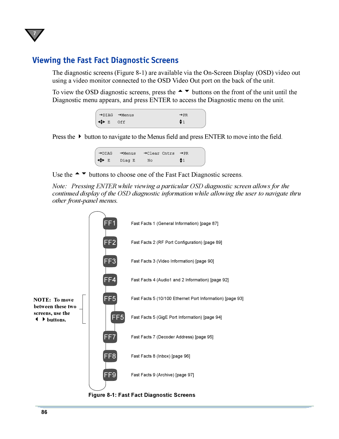 Motorola DSR-6400 manual Viewing the Fast Fact Diagnostic Screens, FF1 