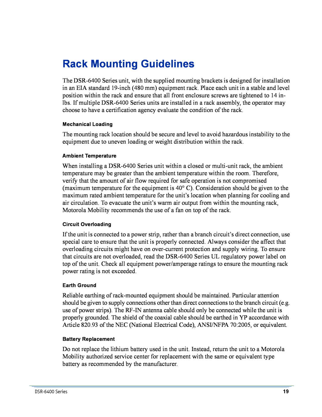 Motorola DSR-6400 Rack Mounting Guidelines, Mechanical Loading, Ambient Temperature, Circuit Overloading, Earth Ground 