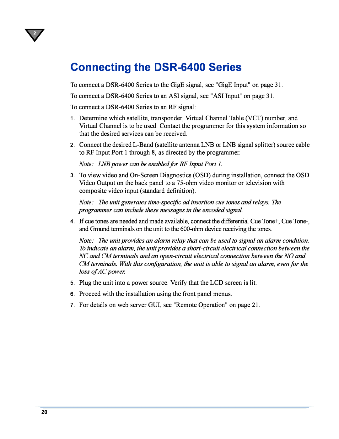 Motorola manual Connecting the DSR-6400Series, Note LNB power can be enabled for RF Input Port 