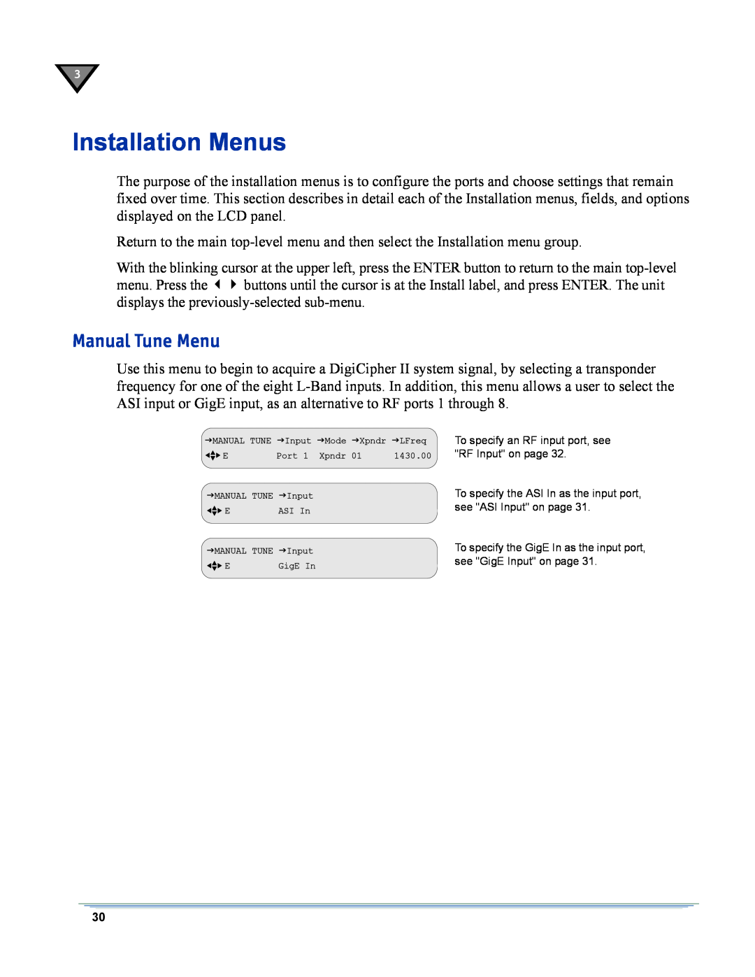 Motorola DSR-6400 manual Installation Menus, Manual Tune Menu 