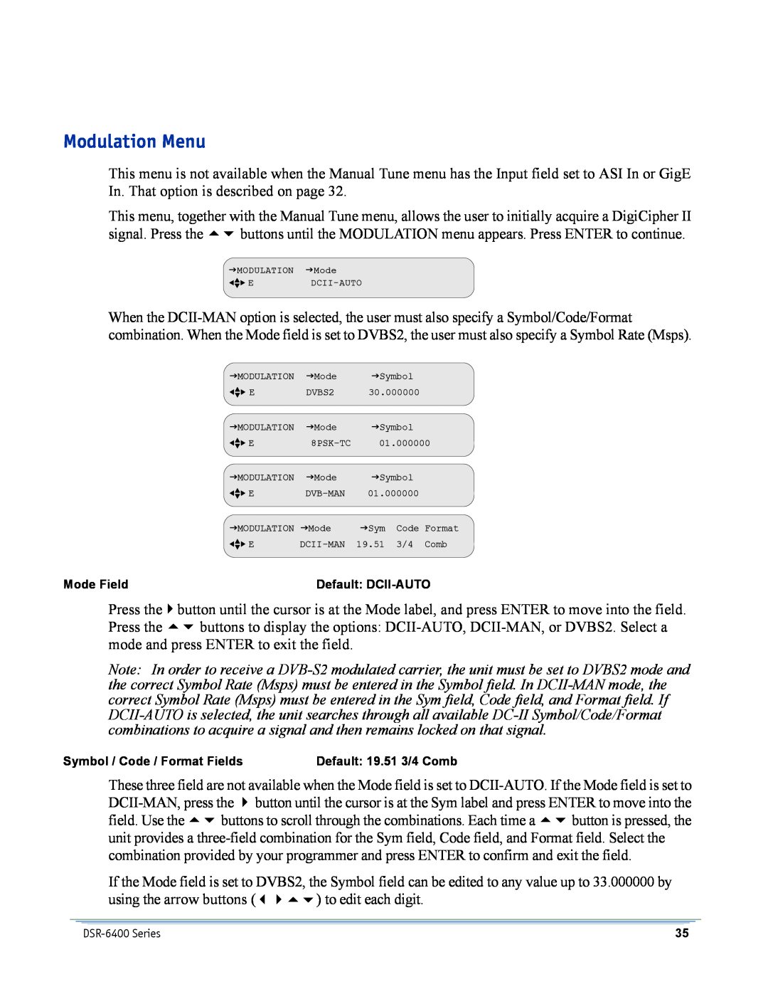 Motorola DSR-6400 Modulation Menu, Mode Field, Default DCII-AUTO, Symbol / Code / Format Fields, Default 19.51 3/4 Comb 