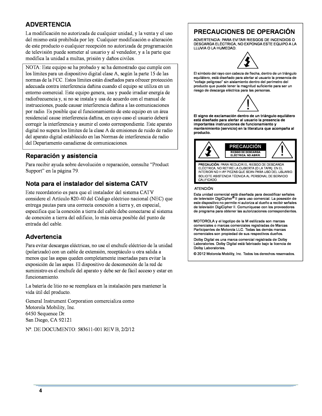 Motorola DSR-6400 manual Advertencia, Reparación y asistencia, Nota para el instalador del sistema CATV 