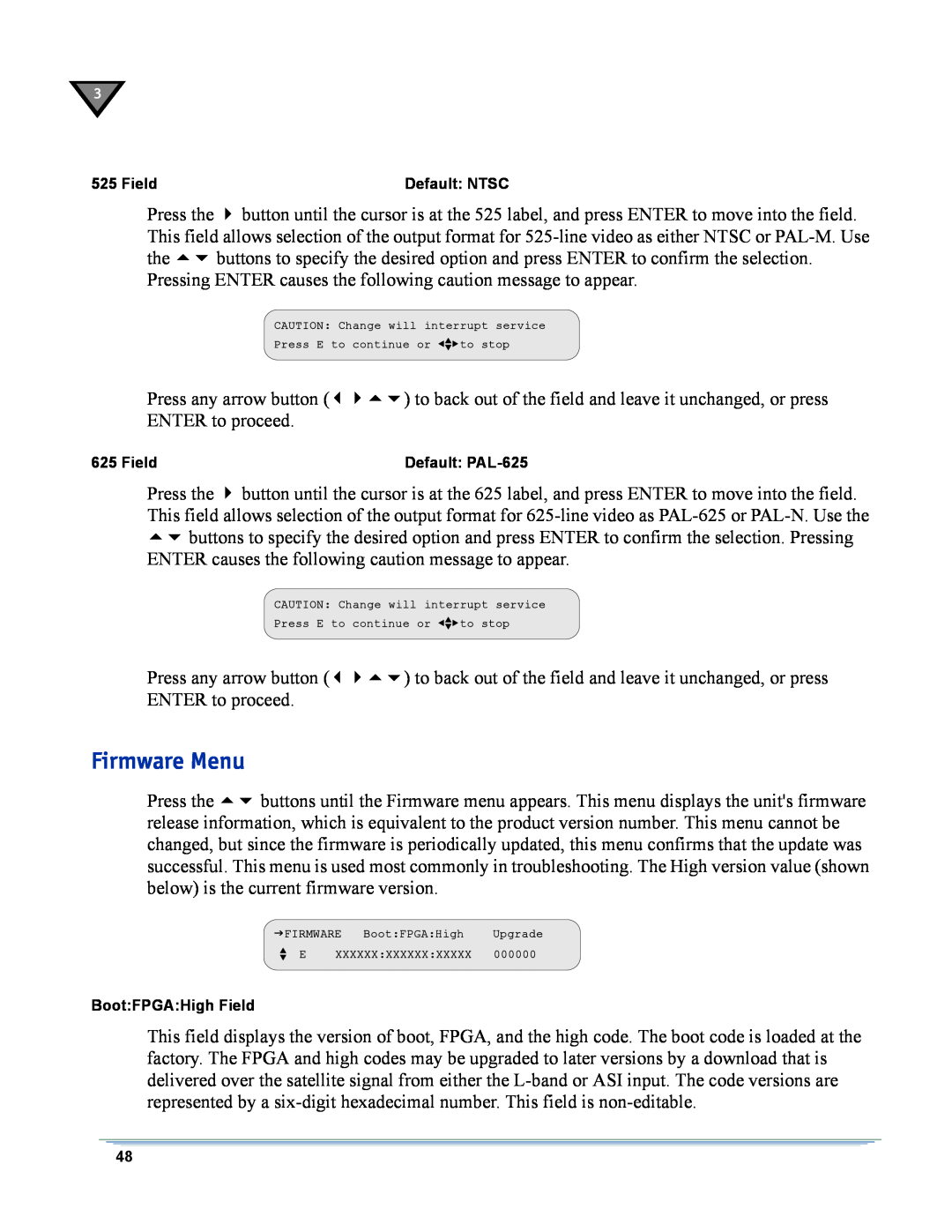Motorola DSR-6400 manual Firmware Menu, Default NTSC, Default PAL-625, Boot FPGA High Field 