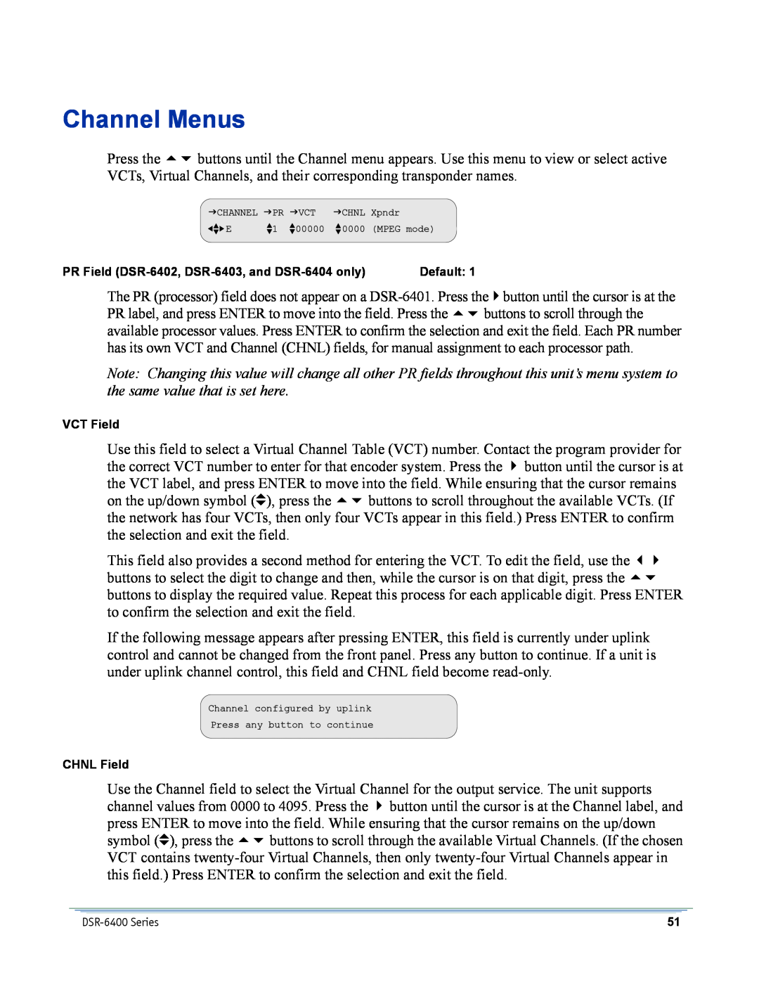 Motorola DSR-6400 manual Channel Menus, PR Field DSR-6402, DSR-6403,and DSR-6404only, Default, VCT Field, CHNL Field 
