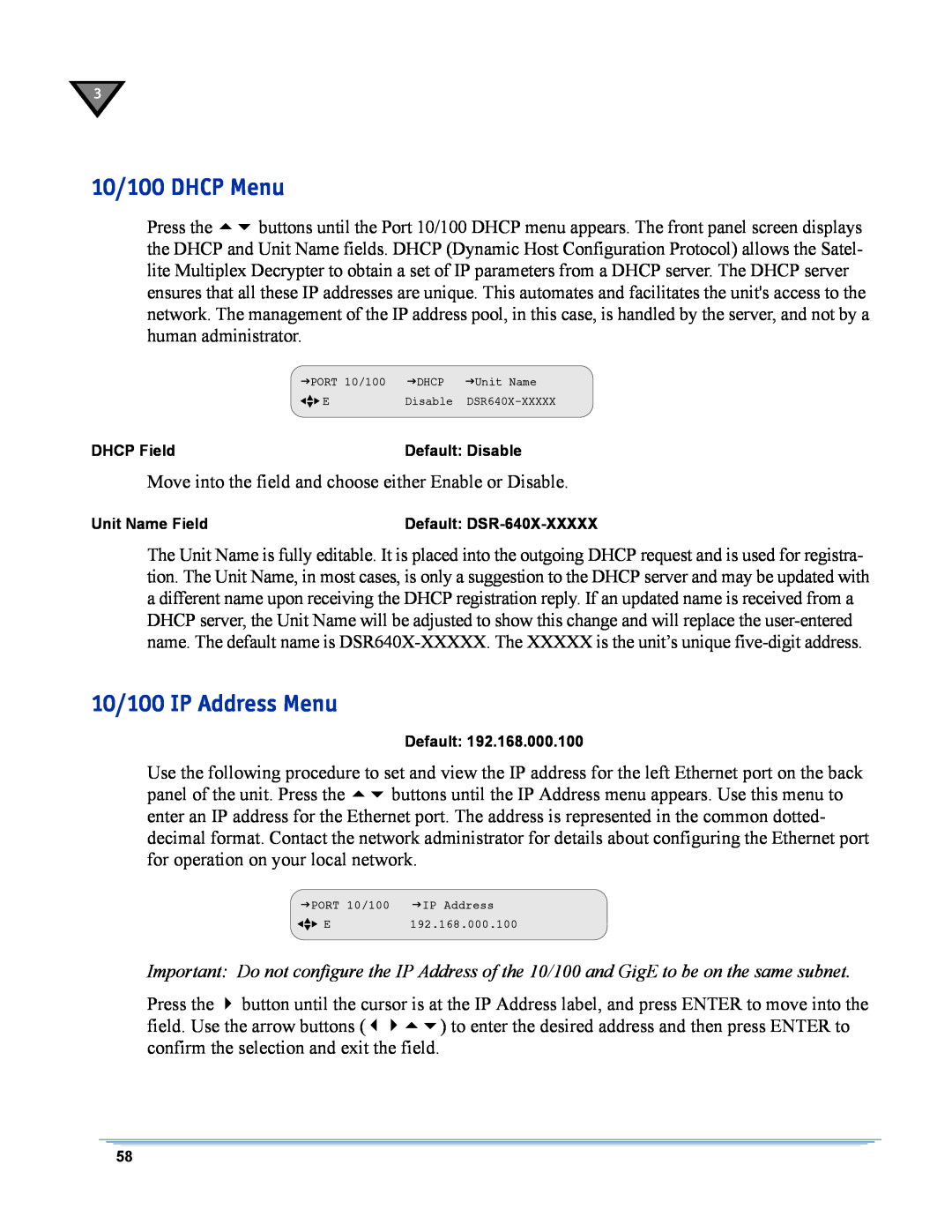 Motorola DSR-6400 manual 10/100 DHCP Menu, 10/100 IP Address Menu, DHCP Field, Default Disable, Unit Name Field 