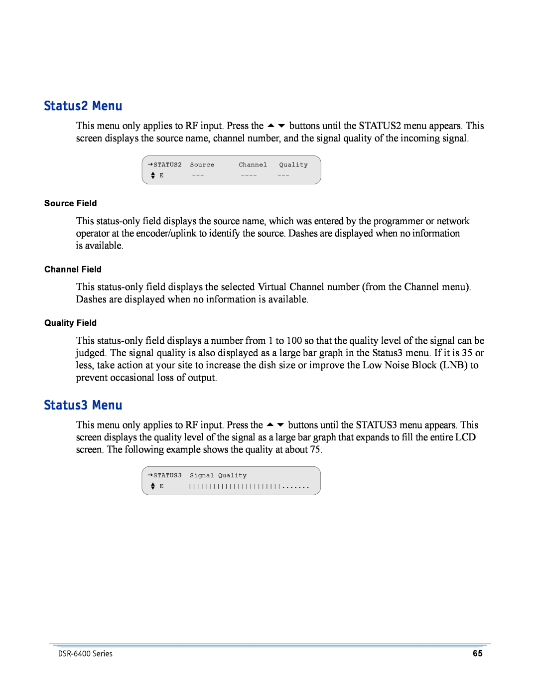 Motorola DSR-6400 manual Status2 Menu, Status3 Menu, Source Field, Channel Field, Quality Field 