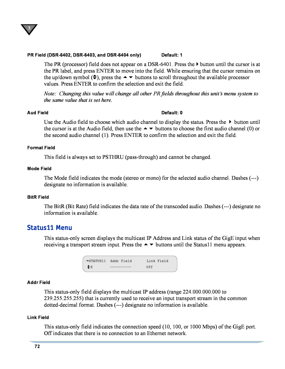Motorola DSR-6400 manual Status11 Menu 