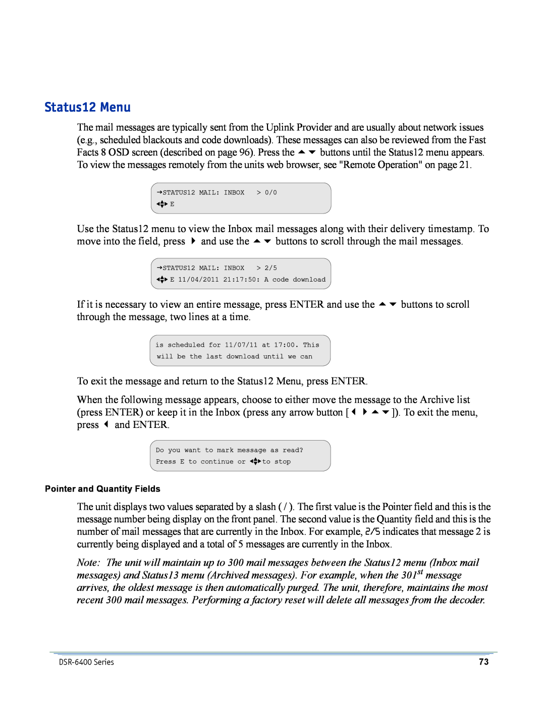 Motorola DSR-6400 manual Status12 Menu, Pointer and Quantity Fields 