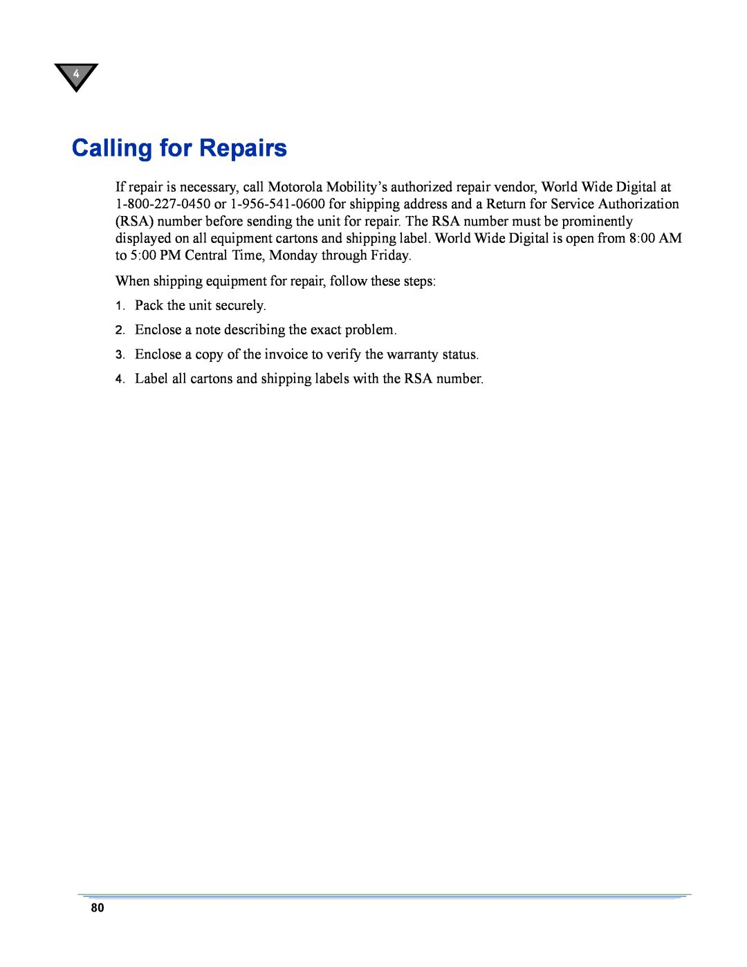 Motorola DSR-6400 manual Calling for Repairs 