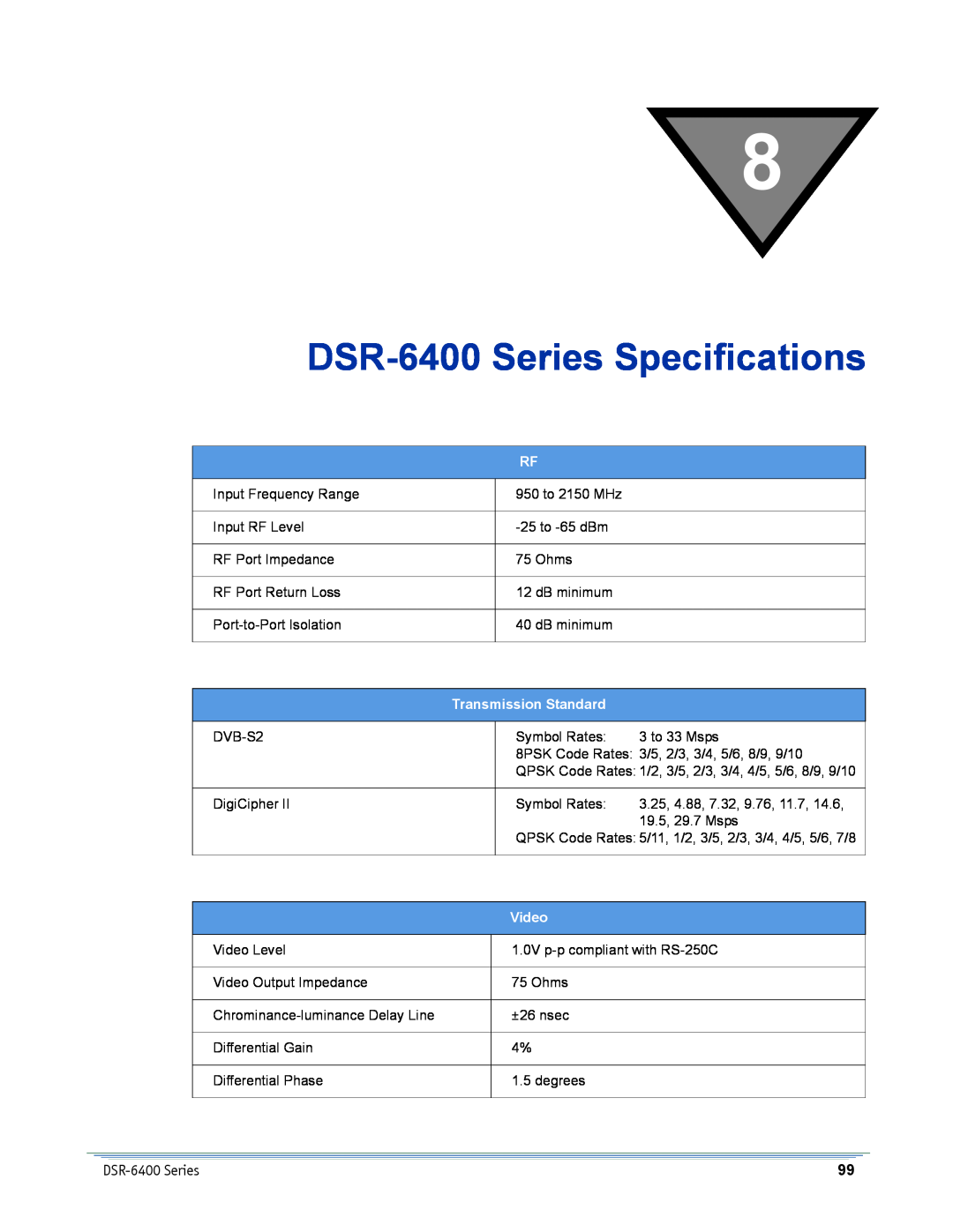 Motorola manual DSR-6400Series Specifications, Transmission Standard, Video 