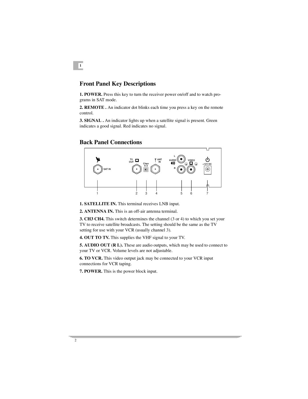 Motorola DSR205 manual Front Panel Key Descriptions, Back Panel Connections 